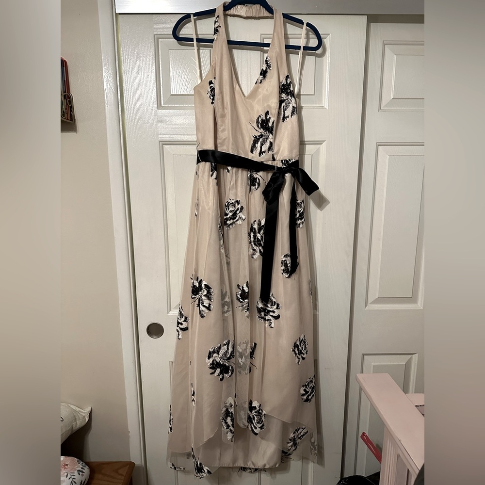 Beige, black and white formal halter dress